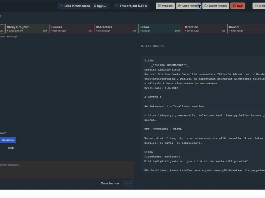 The Script Developer workspace with guided development and the screenplay side by side.
