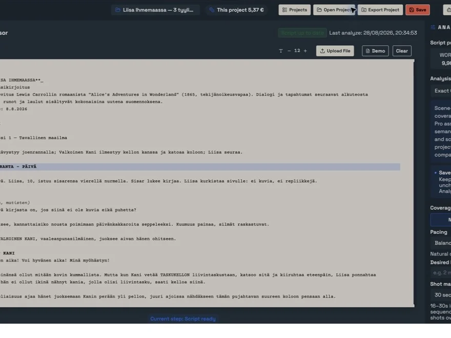 The Script Processor workspace showing a screenplay and its analysis settings.