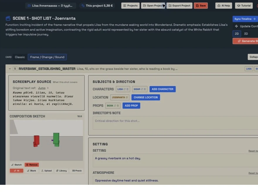 A Footagen shot card connecting screenplay source, subjects, location and composition.