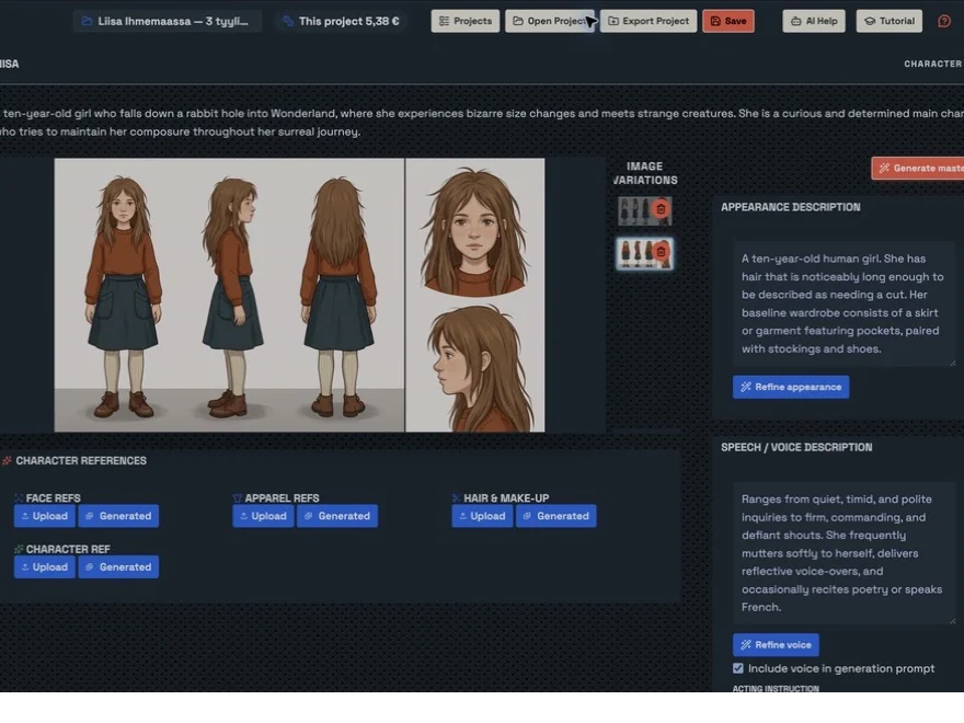 Character Studio showing a character model, appearance description and reference controls.