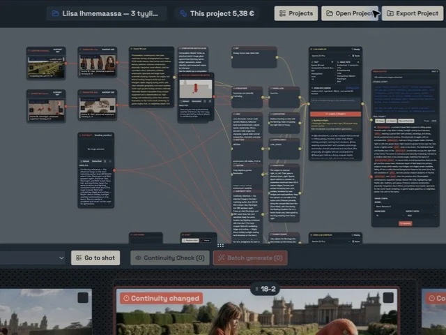 The node-based production canvas connecting shot context, prompts and generated media.