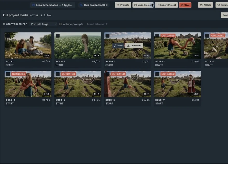 Export Studio showing organised media from three scenes of a production.