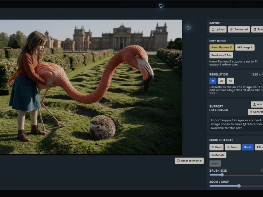 The image Edit workspace with model selection, support references, masking and crop controls.
